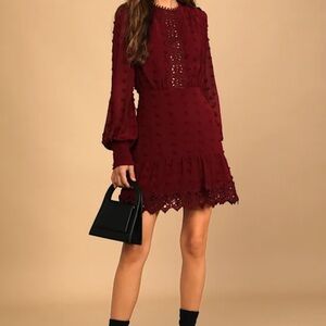 Lust or Love Wine Red Embroidered Lace Long Sleeve Dress Sz S